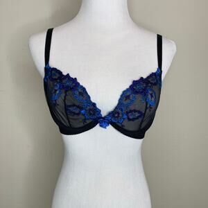 Sheer Black Blue Embroidered Floral Sz 32B Underwire Bra Mesh
